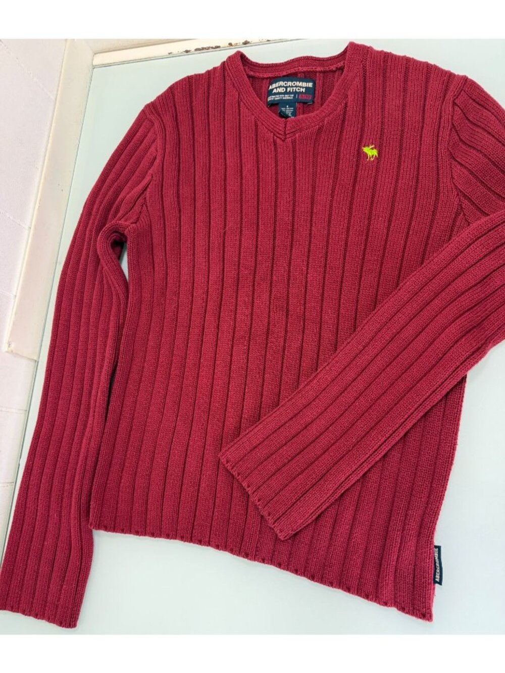 Vintage Abercrombie And Fitch Knit Sweater Mens Small S Ribbed V Neck Maroon Y2K